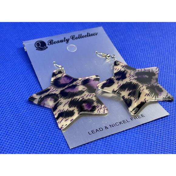 Silver Tone Cheetah Print Star Earrings Chic Style Fashion Trendy Animal Print - Picture 4 of 7